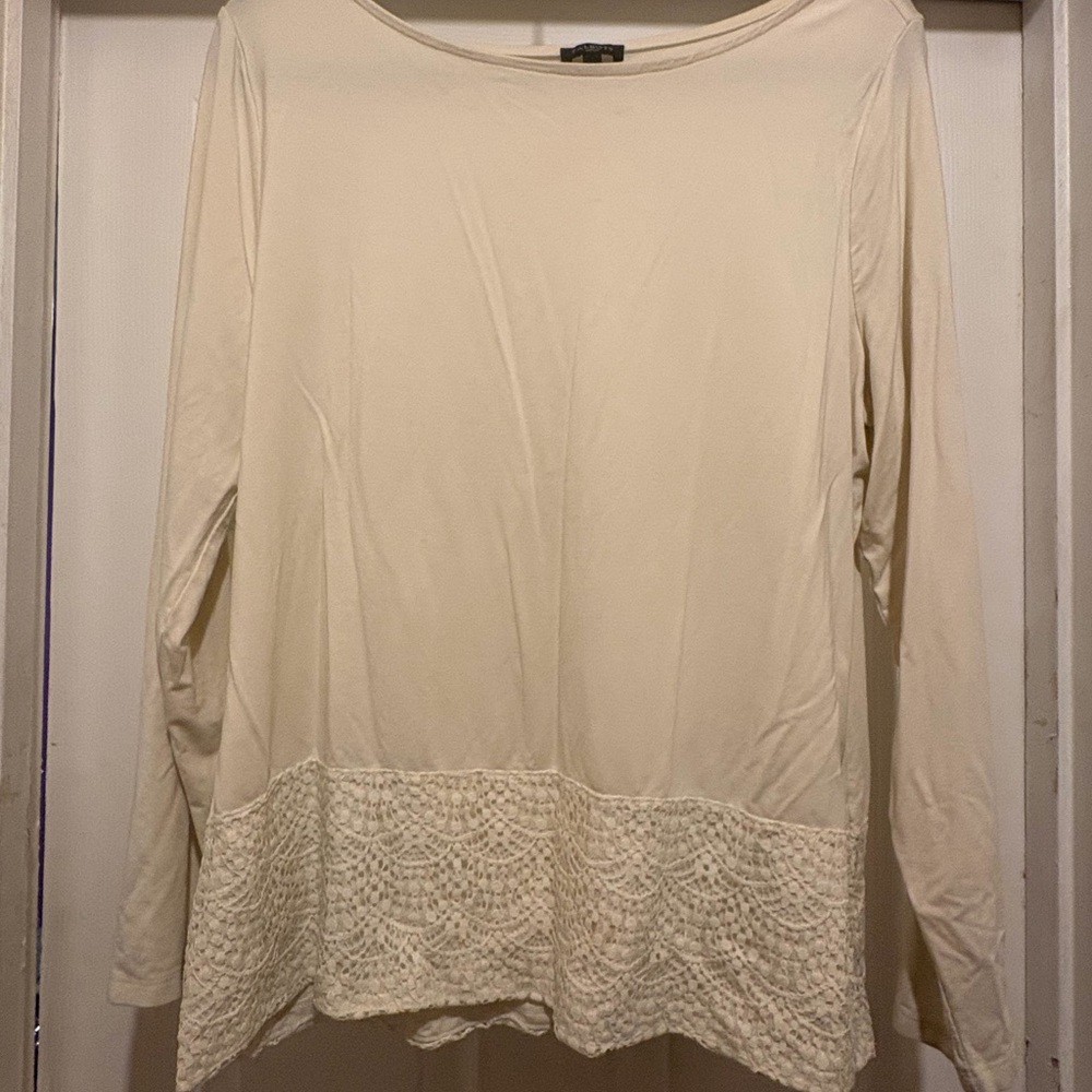 Talbots Cream Long Sleeve Top with Lace Hem